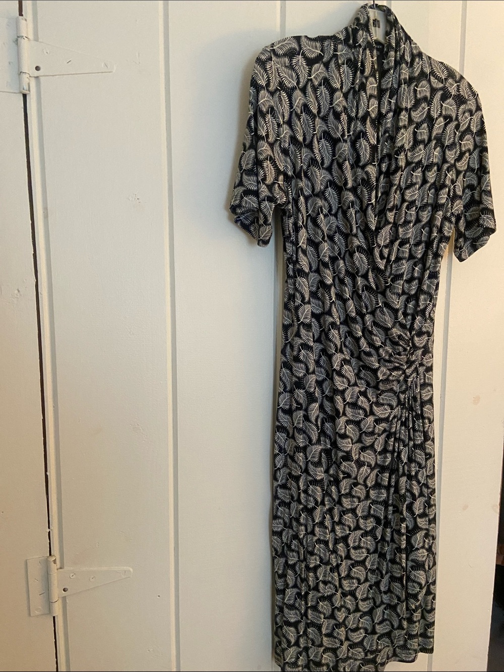 Karen Kane Black and White Leaf-Print Midi Wrap Dress